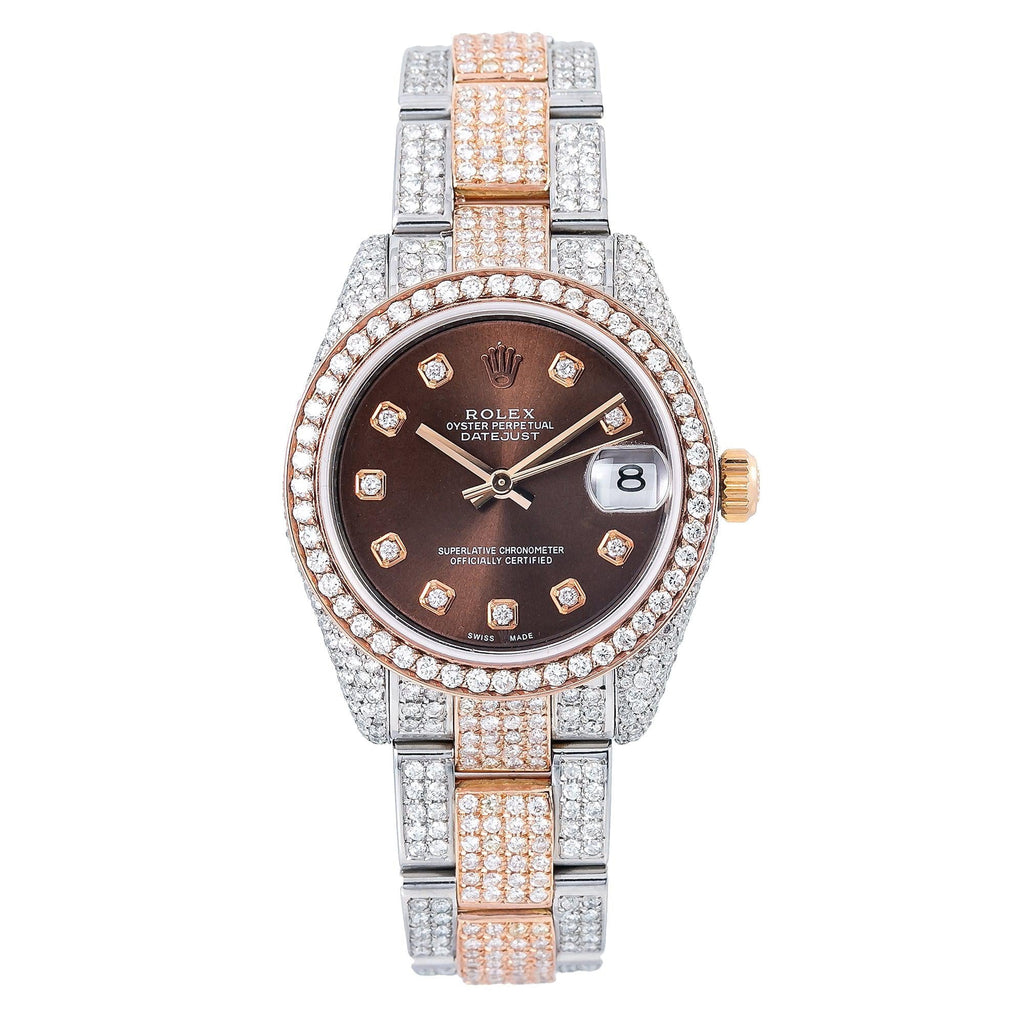 Pre-Owned Rolex Datejust 31MM 178271 Chocolate Diamond Dial Diamond Bezel Two Tone Rose Gold Full Diamond Oyster Bracelet 9.75ct