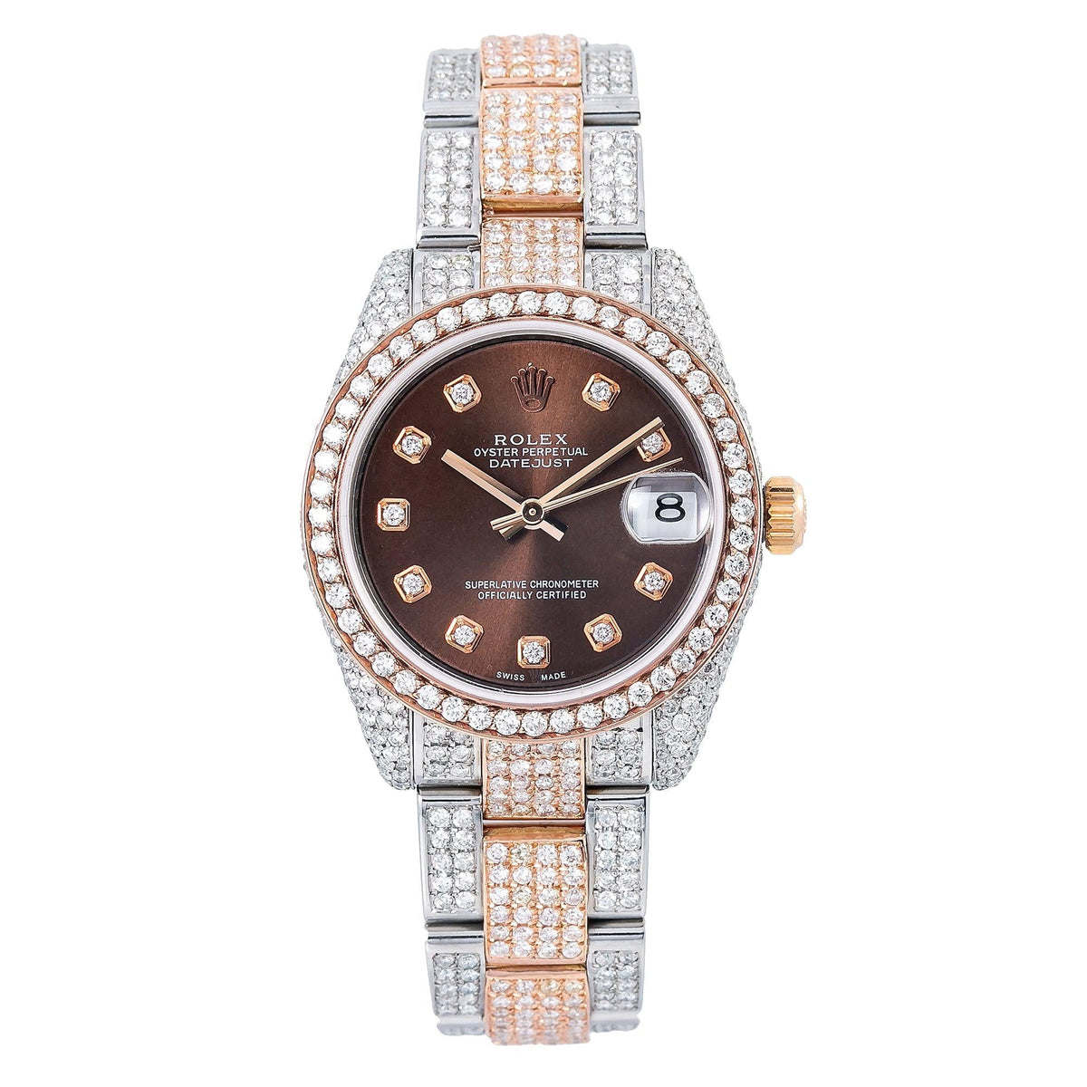Pre-Owned Rolex Datejust 31MM 178271 Chocolate Diamond Dial Diamond Bezel Two Tone Rose Gold Full Diamond Oyster Bracelet 9.75ct