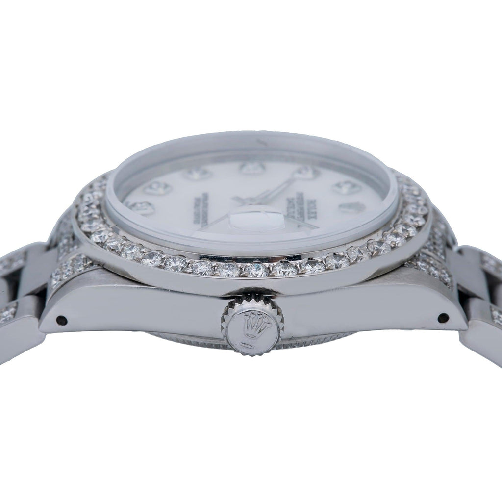 Pre-Owned Rolex Datejust 31MM 78240 White Mother of Pearl Diamond Dial Diamond Bezel Stainless Steel Semi Diamond Oyster Bracelet 4.75ct
