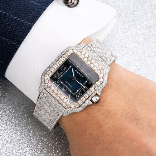 Pre-Owned Cartier Santos 39.8MM WSSA0030 Blue Roman Dial Rose Gold Diamond Bezel Stainless Steel Full Diamond Bracelet 17.95ct