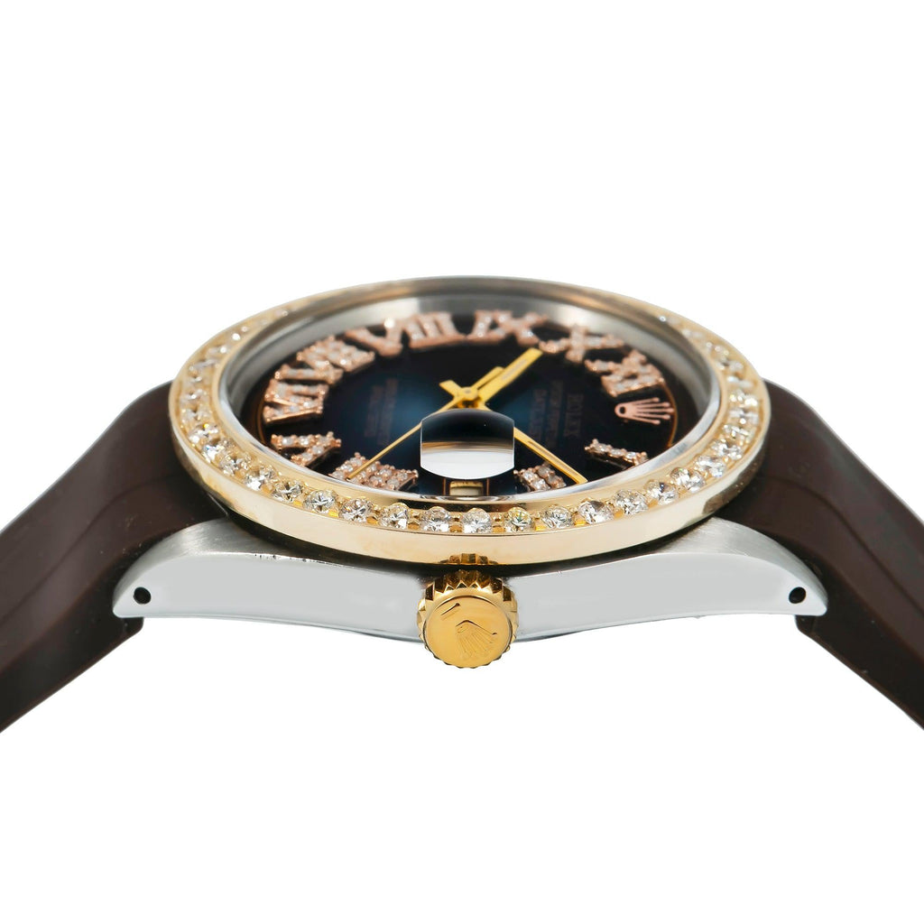 Pre-Owned Rolex Datejust 36MM 1601 Chocolate Roman Diamond Dial Diamond Bezel Brown Rubber Strap