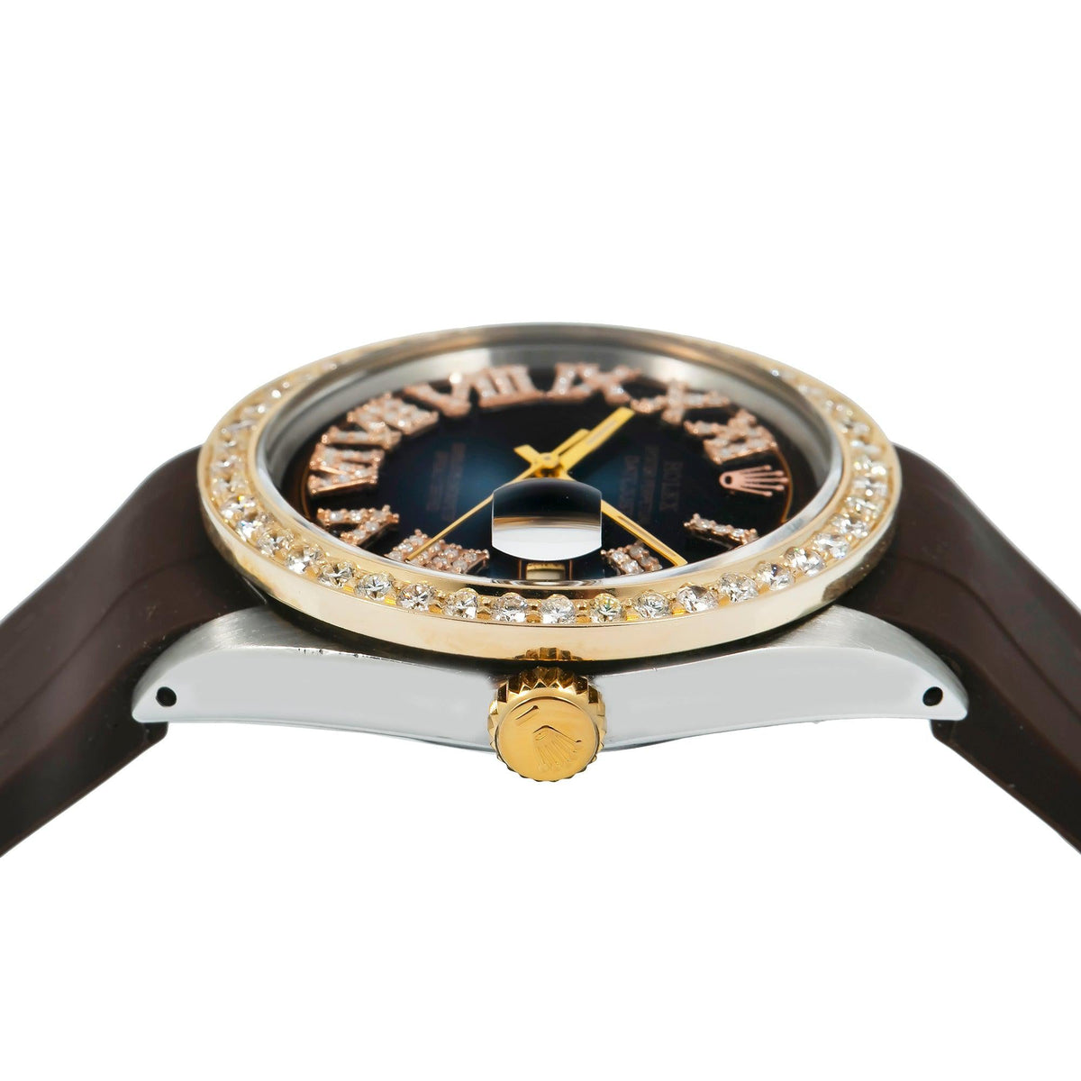 Pre-Owned Rolex Datejust 36MM 1601 Chocolate Roman Diamond Dial Diamond Bezel Brown Rubber Strap