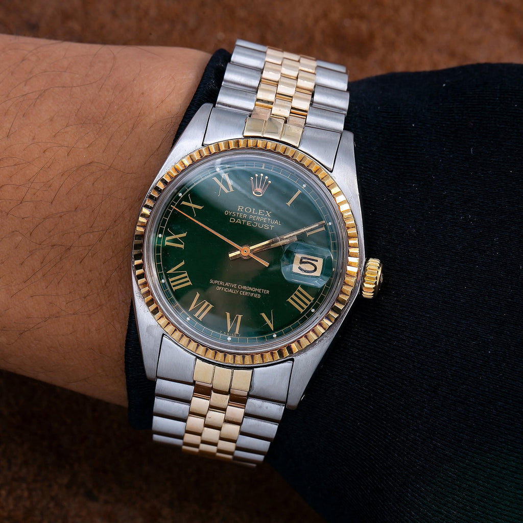 Pre-Owned Rolex Datejust 36MM 1601 Green Roman Dial Fluted Bezel Two Tone Yellow Gold Jubilee Bracelet