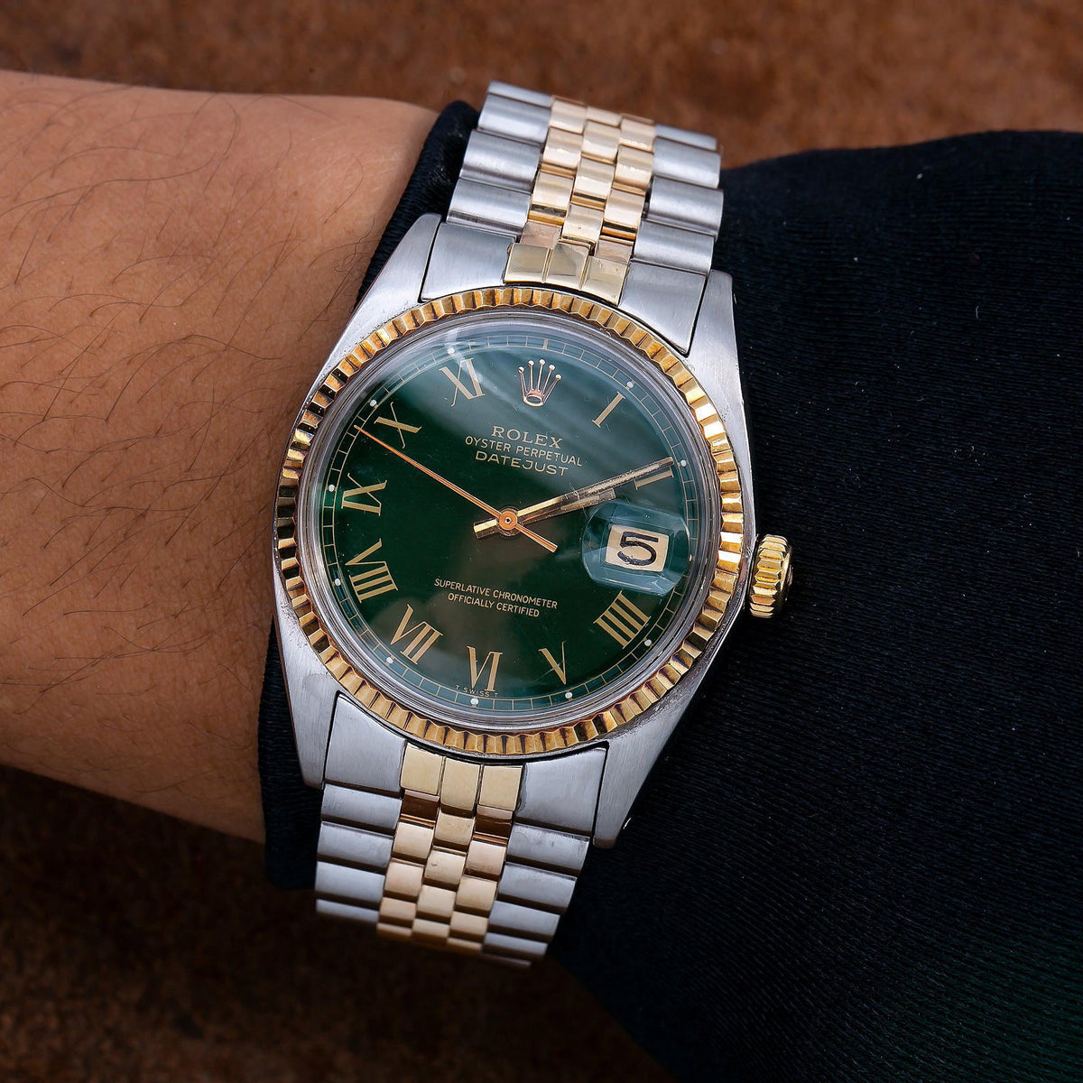 Pre-Owned Rolex Datejust 36MM 1601 Green Roman Dial Fluted Bezel Two Tone Yellow Gold Jubilee Bracelet