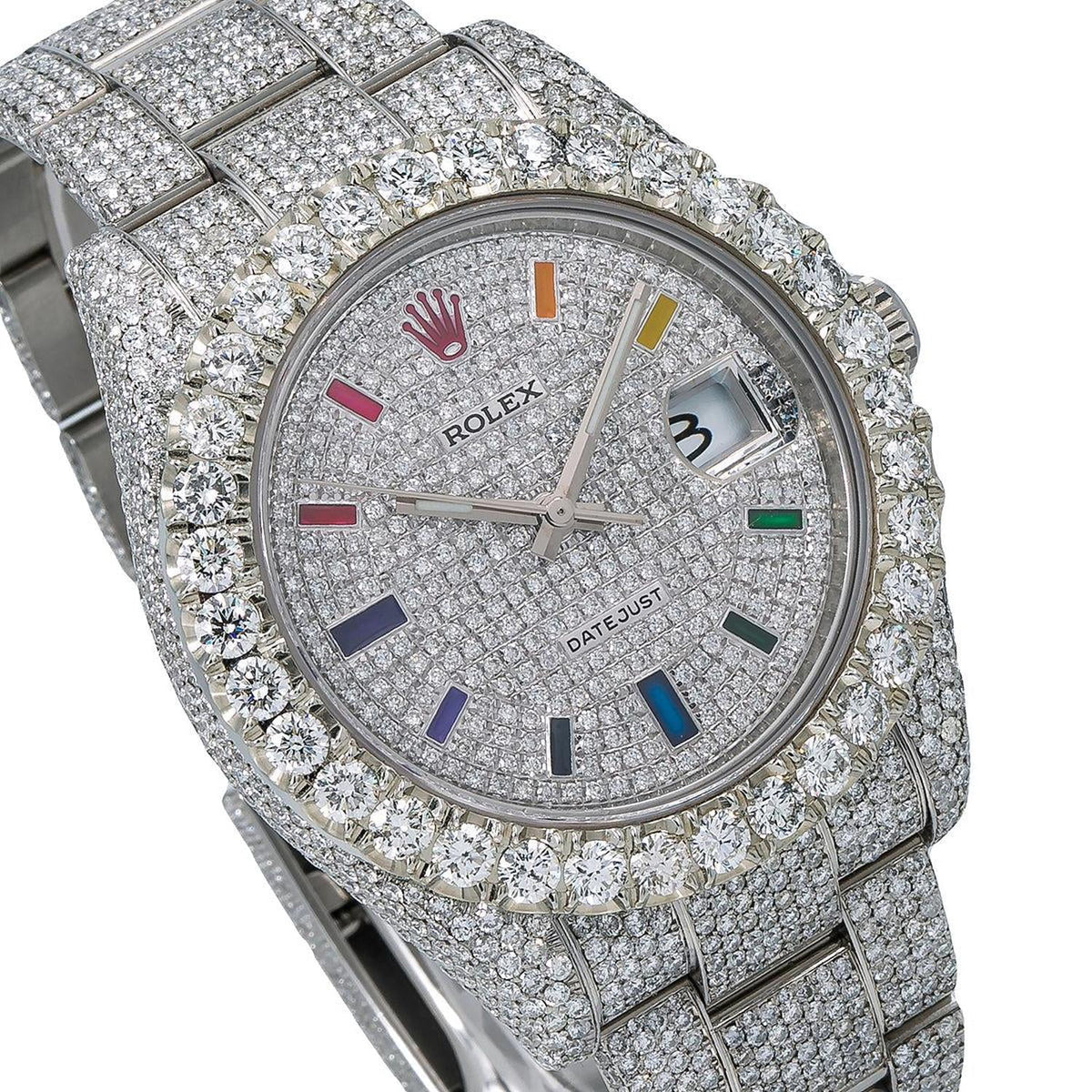 Pre-Owned Rolex Datejust 41MM 116300 Diamond Paved Rainbow Hour Dial Diamond Bezel Stainless Steel Full Diamond Oyster Bracelet 22.75ct