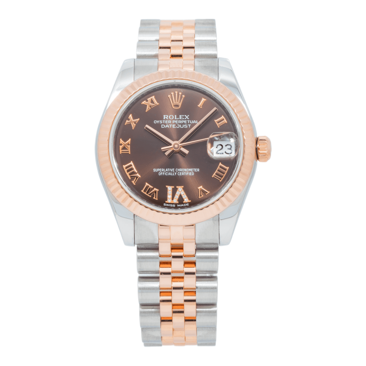 Pre-Owned Rolex Datejust 31MM 178271 Chocolate Roman Diamond Dial Fluted Bezel Two Tone Rose Gold Jubilee Bracelet