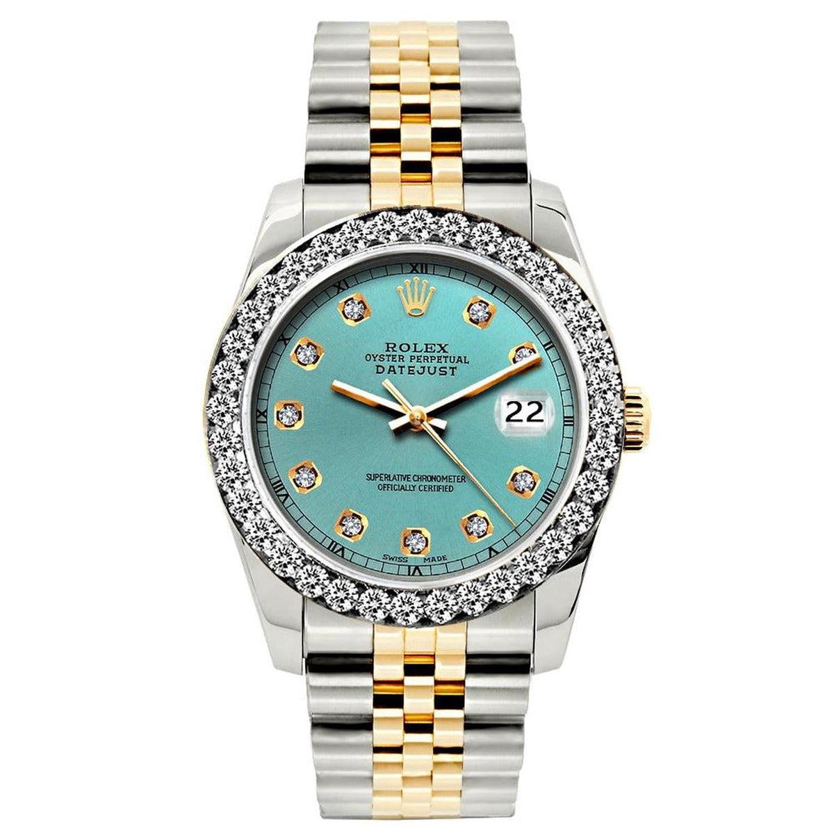Pre-Owned Rolex Datejust 26MM 69173 Blue Diamond Dial Diamond Bezel Two Tone Yellow Gold Jubilee Bracelet 1.2ct