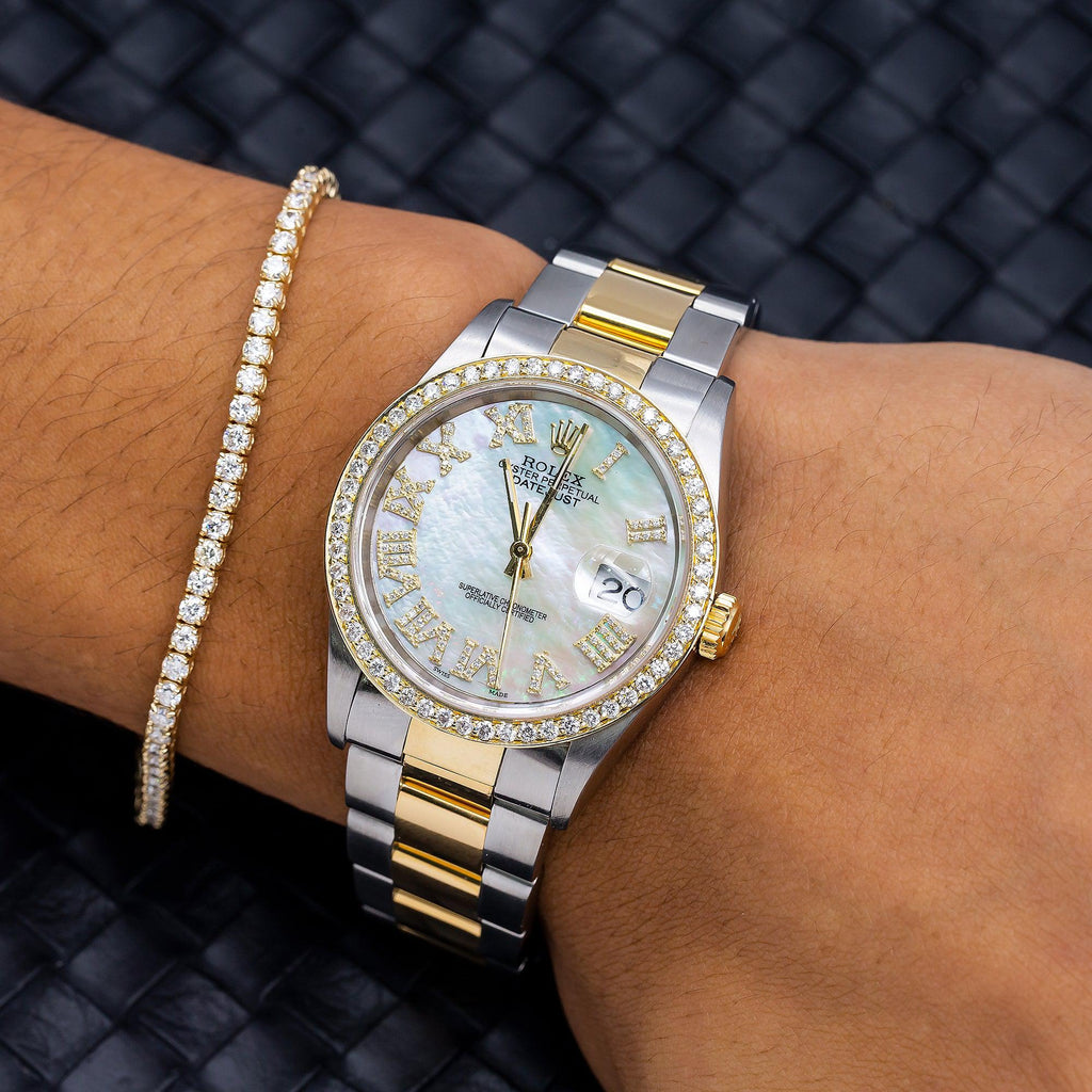 Pre-Owned Rolex Datejust 36MM 16203 Mother of Pearl Roman Diamond Dial Diamond Bezel Two Tone Yellow Gold Oyster Bracelet
