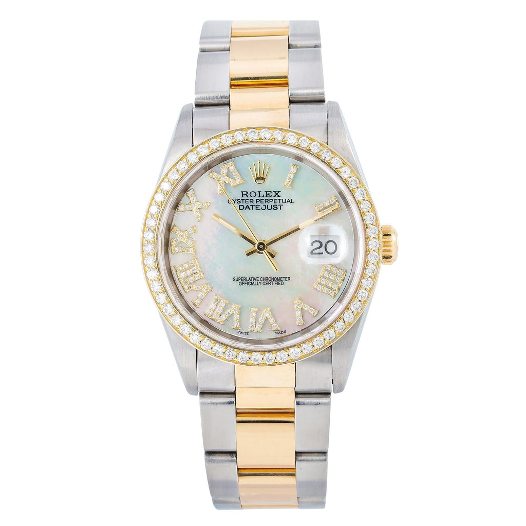Pre-Owned Rolex Datejust 36MM 16203 Mother of Pearl Roman Diamond Dial Diamond Bezel Two Tone Yellow Gold Oyster Bracelet
