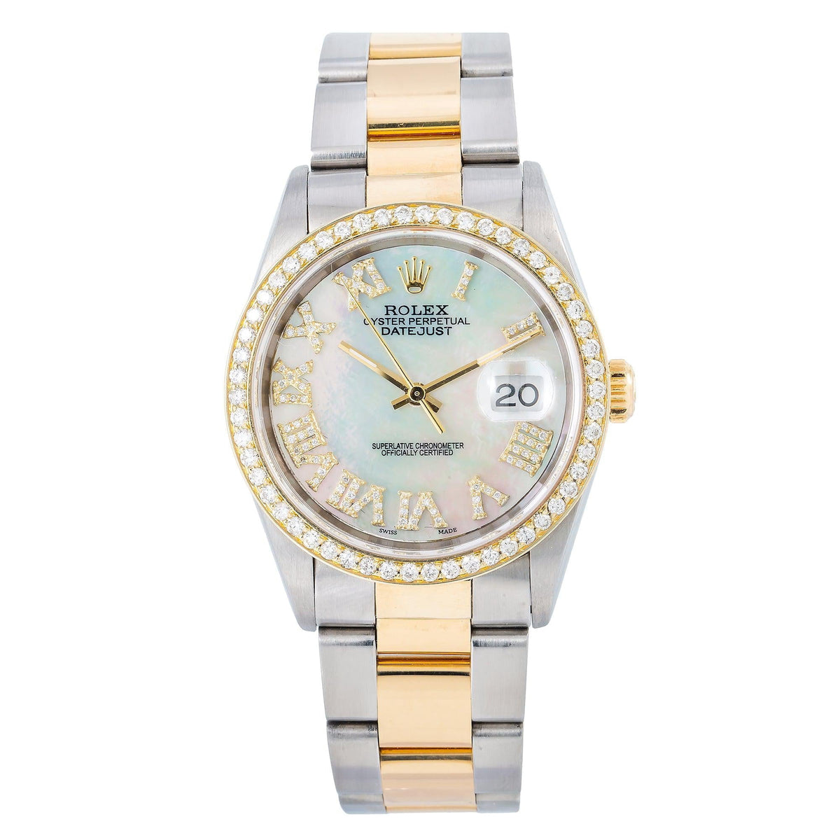 Pre-Owned Rolex Datejust 36MM 16203 Mother of Pearl Roman Diamond Dial Diamond Bezel Two Tone Yellow Gold Oyster Bracelet
