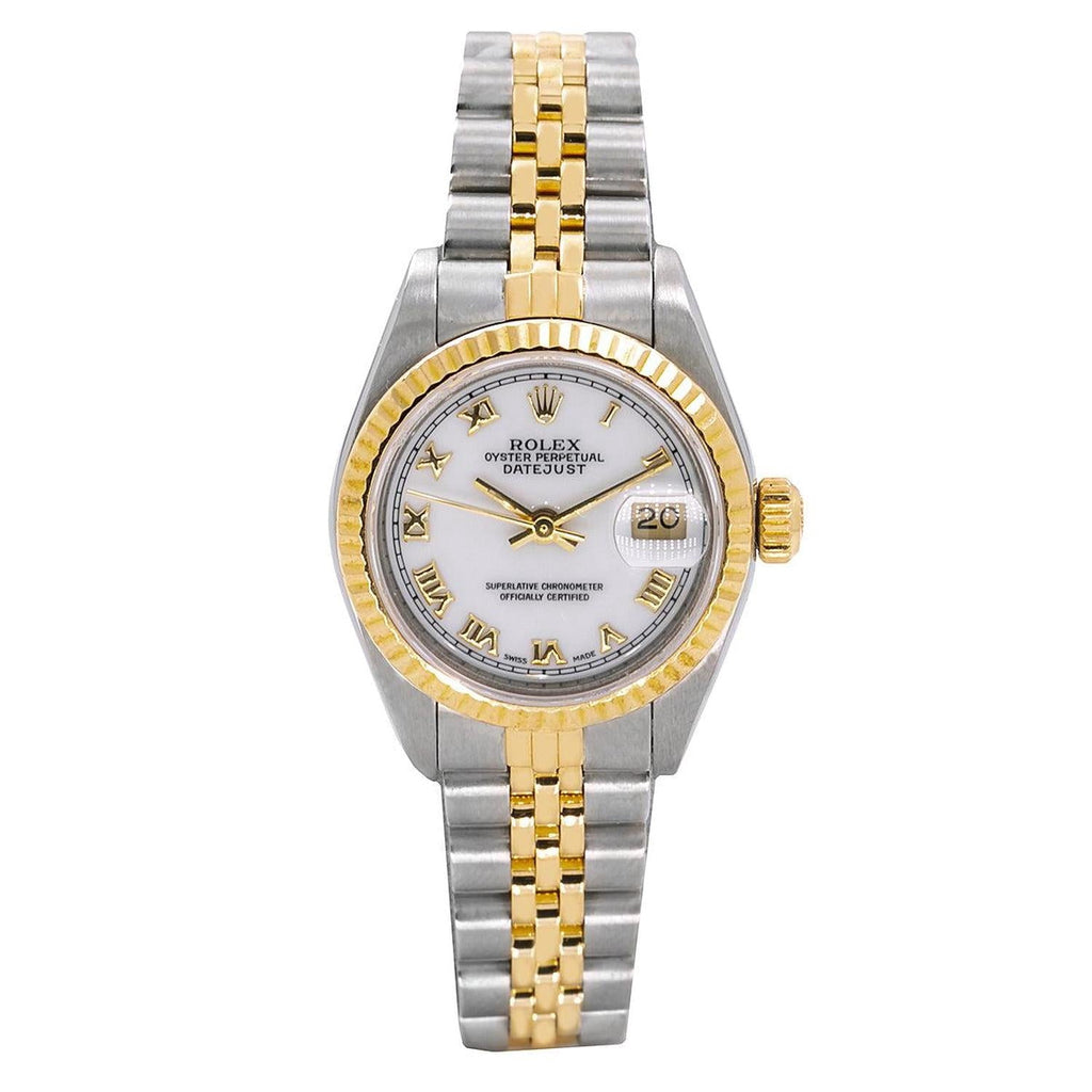 Pre-Owned Rolex Datejust 26MM 6917 White Roman Dial Fluted Bezel Two Tone Yellow Gold Jubilee Bracelet