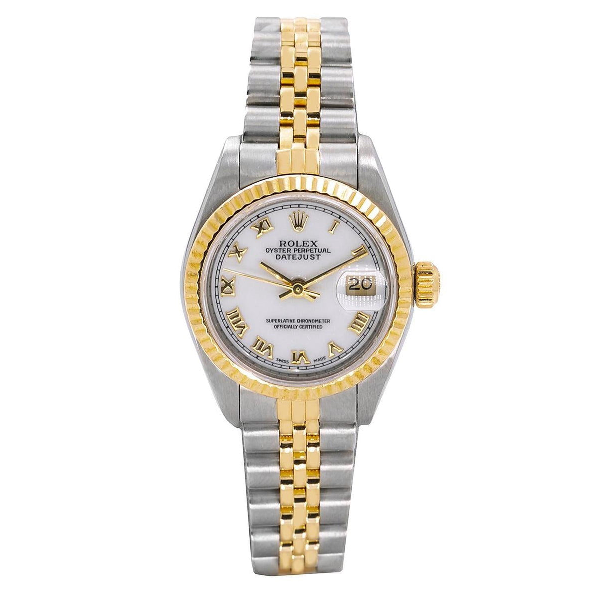 Pre-Owned Rolex Datejust 26MM 6917 White Roman Dial Fluted Bezel Two Tone Yellow Gold Jubilee Bracelet