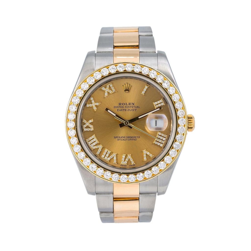 Pre-Owned Rolex Datejust II 41MM 116333 Champagne Roman Diamond Dial Diamond Bezel Two Tone Yellow Gold Oyster Bracelet