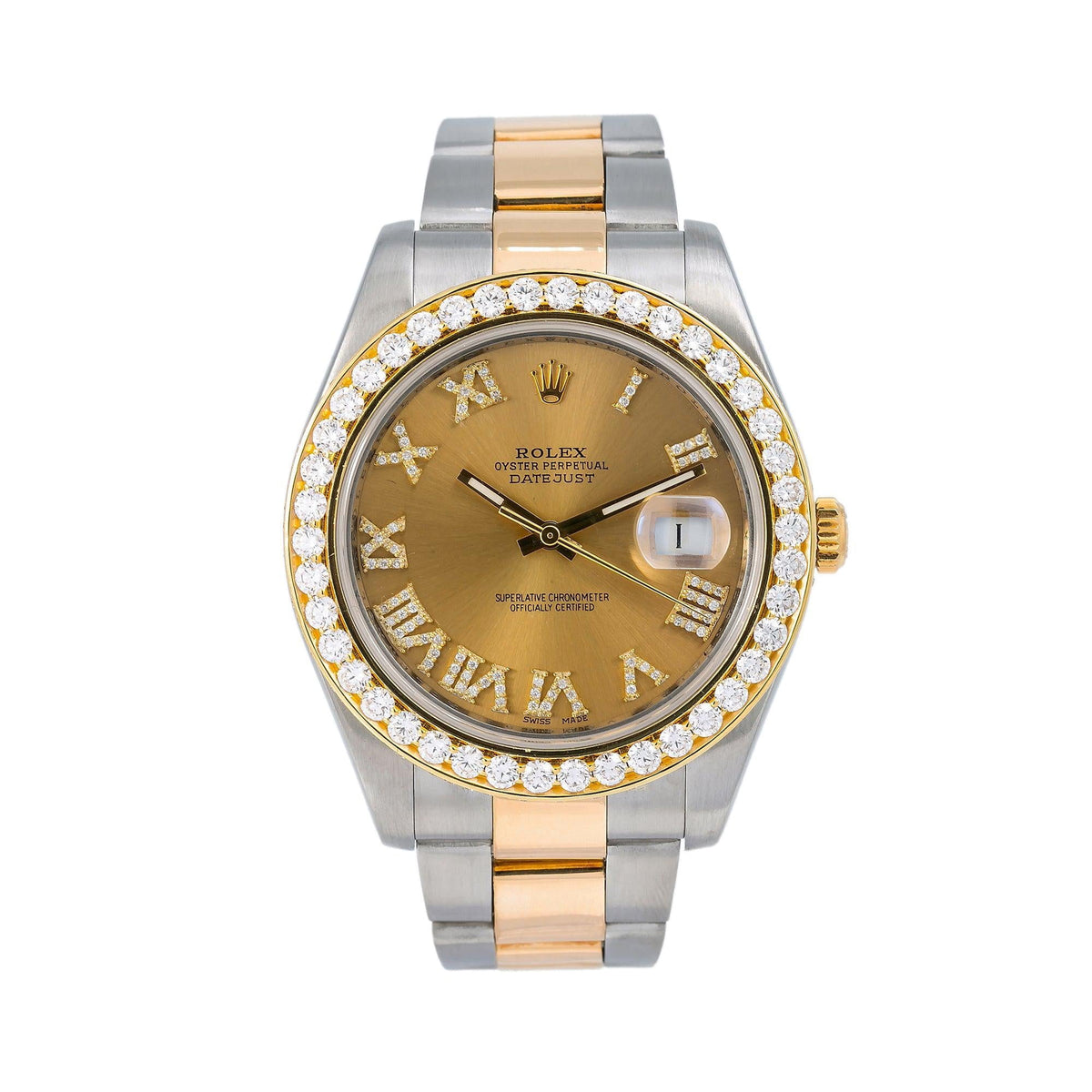 Pre-Owned Rolex Datejust II 41MM 116333 Champagne Roman Diamond Dial Diamond Bezel Two Tone Yellow Gold Oyster Bracelet