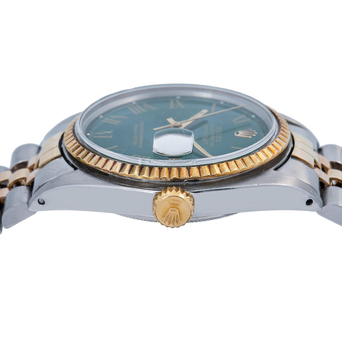 Pre-Owned Rolex Datejust 36MM 1601 Green Roman Dial Fluted Bezel Two Tone Yellow Gold Jubilee Bracelet