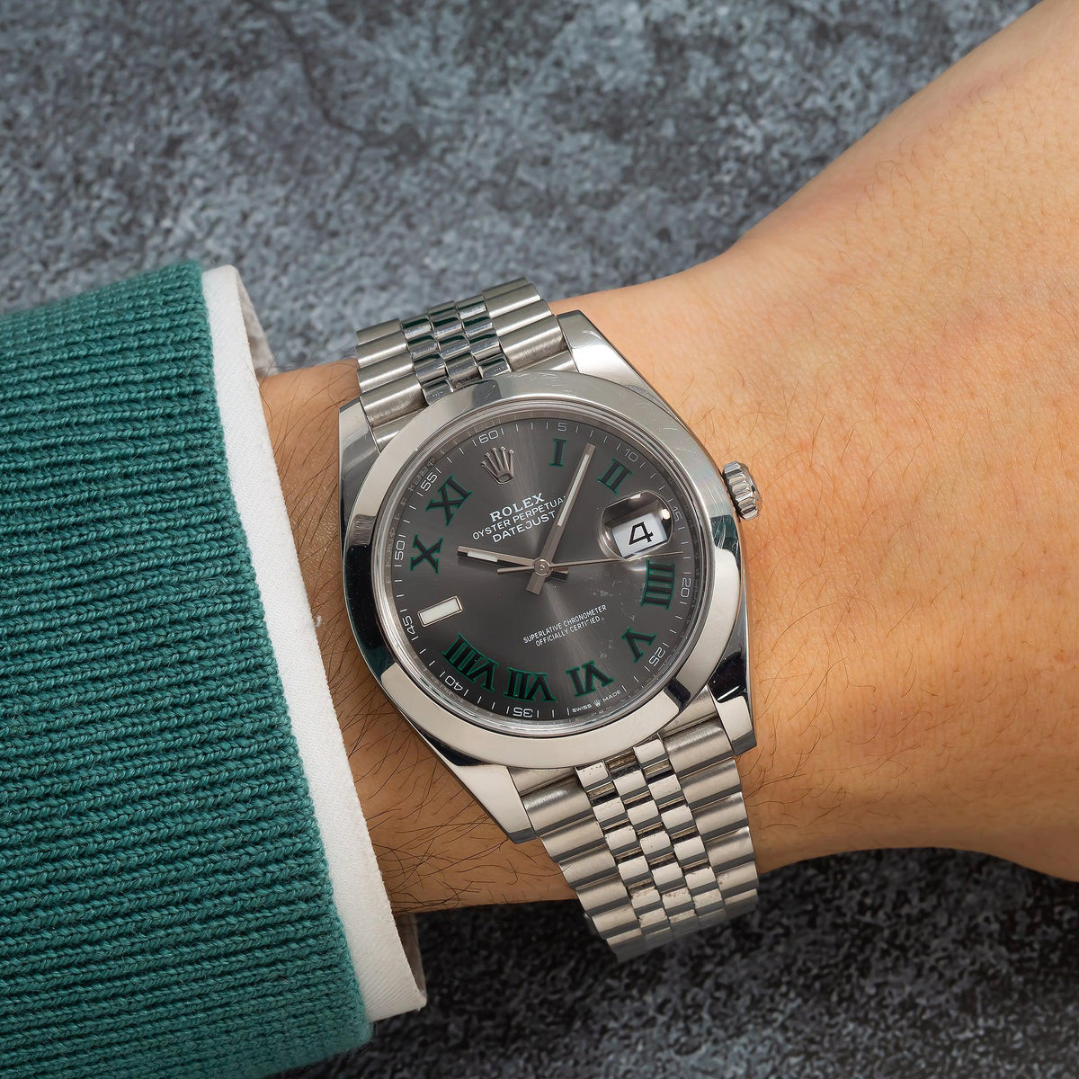 Pre-Owned Rolex Datejust 41MM 126300 Wimbledon Gray Roman Dial Smooth Bezel Stainless Steel Jubilee Bracelet