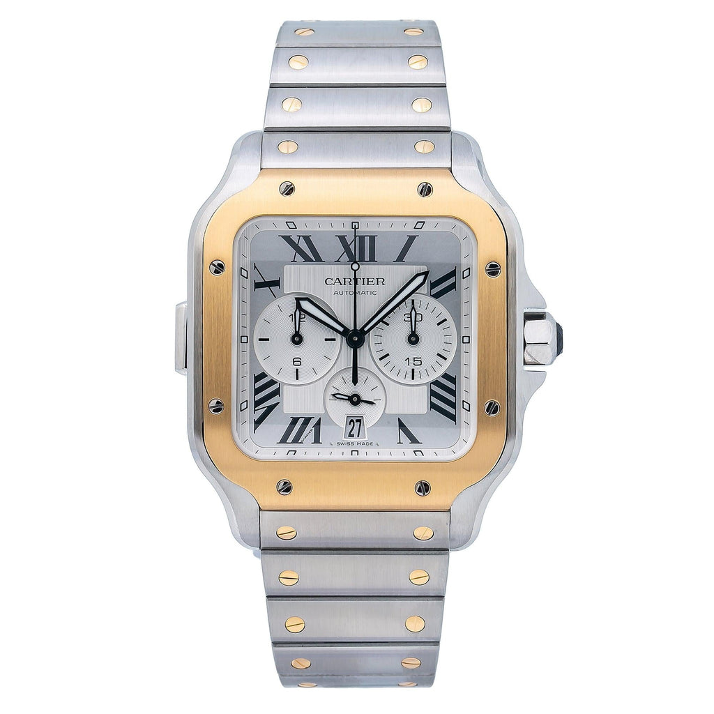 Pre-Owned Cartier Santos 43MM W2SA0008 Silver Roman Dial Yellow Gold Bezel Two Tone Yellow Gold Bracelet