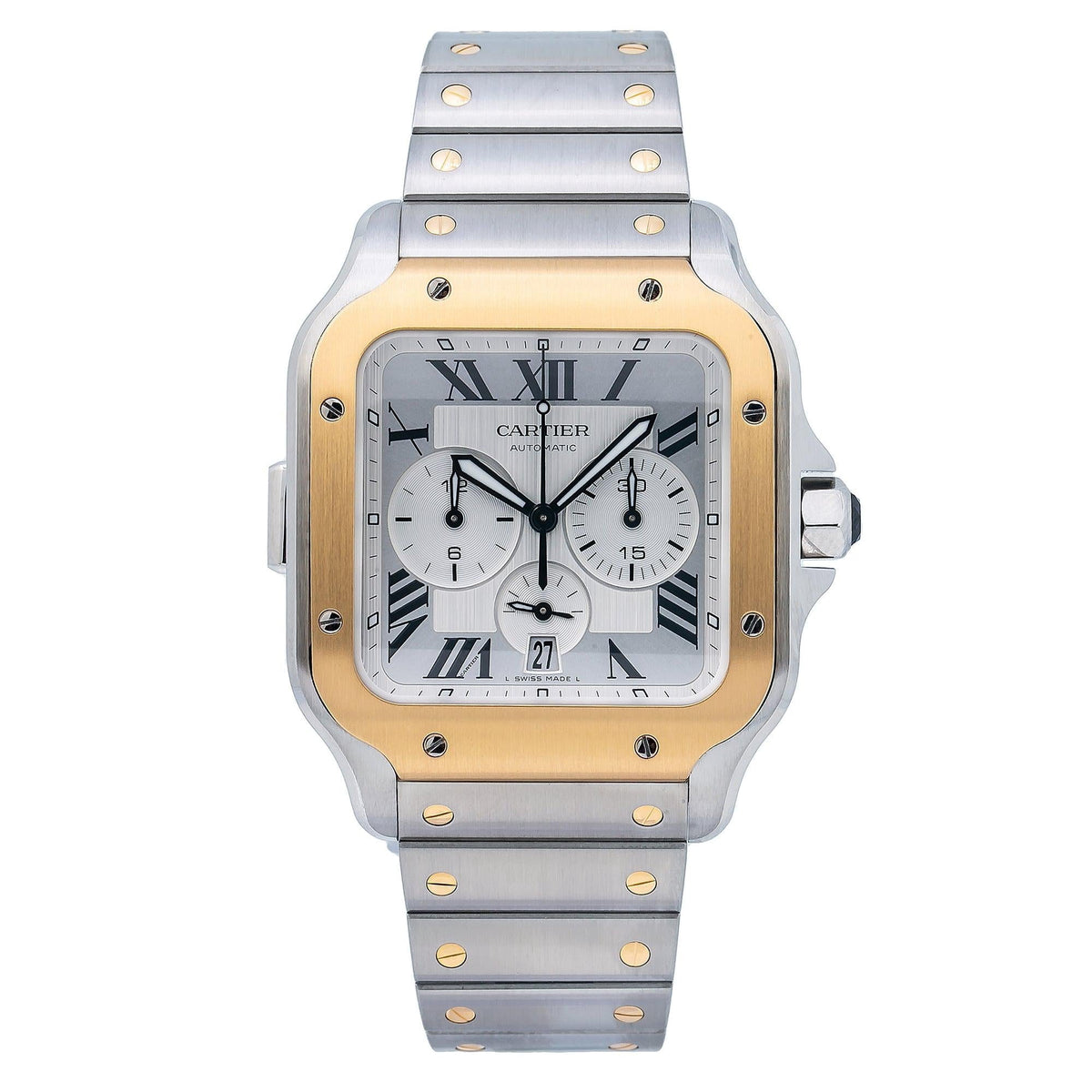 Pre-Owned Cartier Santos 43MM W2SA0008 Silver Roman Dial Yellow Gold Bezel Two Tone Yellow Gold Bracelet