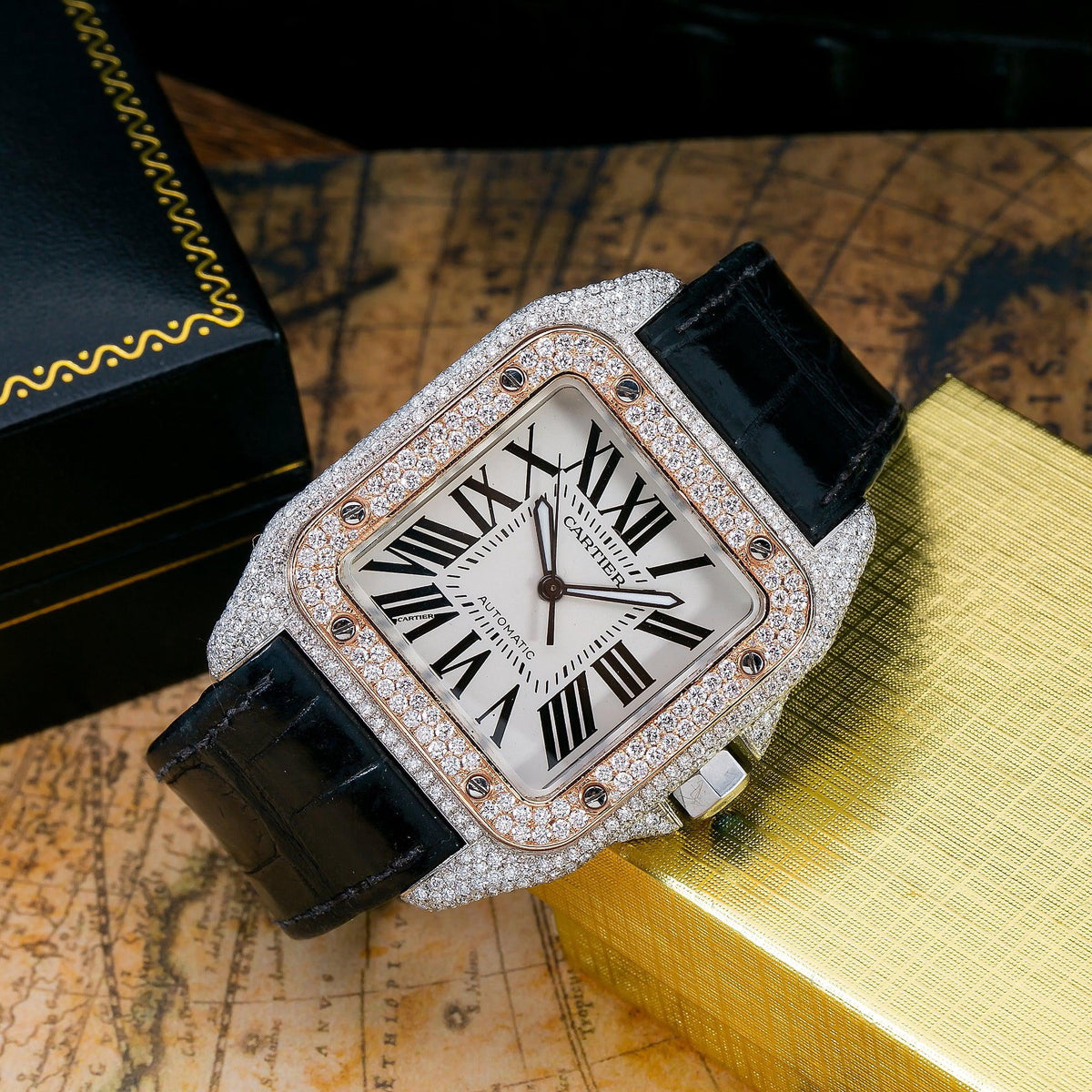 Pre-Owned Cartier Santos 100 38MM W20073X8 Silver Roman Dial Rose Gold Diamond Paved Bezel Black Leather Strap 9.25ct