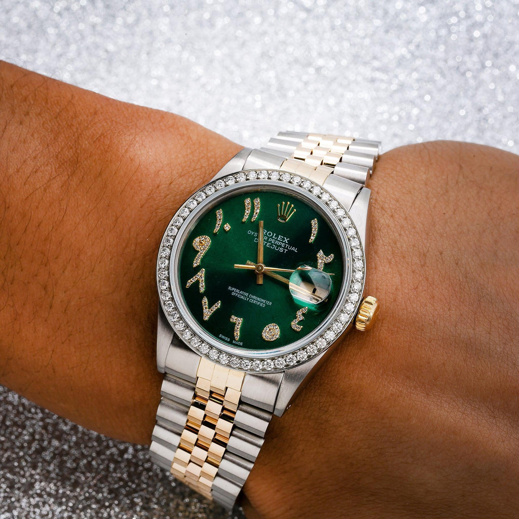 Pre-Owned Rolex Datejust 36MM 16013 Green Roman Diamond Dial Diamond Bezel Two Tone Yellow Gold Jubilee Bracelet 1.25ct